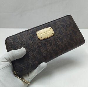 Michael Kors Brown Leather MK Printed Zip Around Credit Card Wallet